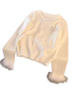 Nieuw ontwerp dames trui met o-hals en lange mouwen, bontmanchet, witte kleur, letter, strasspatroon, gebreide trui, truien SMLXL