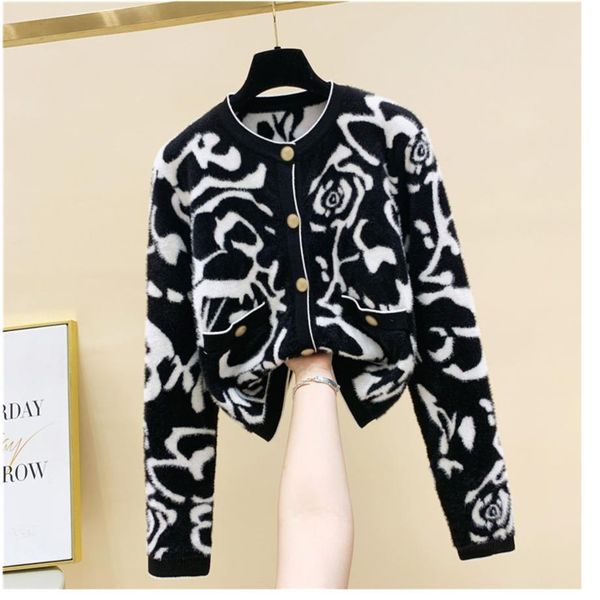 Nuevo diseño, suéter tejido de lana mohair con estampado de leopardo y manga larga con cuello redondo para mujer, abrigo, casacos de talla grande SML241d