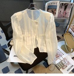 Nouveau design femmes o-cou à manches longues été gaze tissu mince perspective veste courte crème solaire manteau cardigan SMLXL