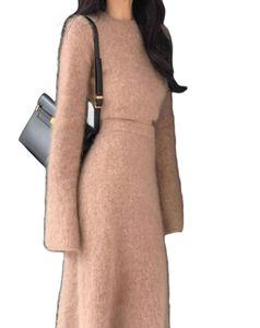 Nieuw ontwerp damesmohairwollen gebreide korte trui met o-hals en hoge taille a-lijn lange rokpak 2-delige jurkset SMLXL