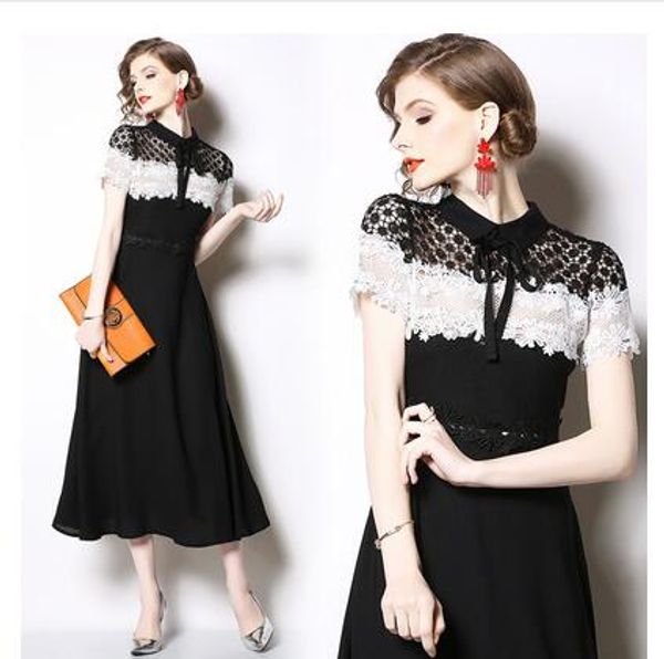 Nouveau design femmes col rond manches courtes noir blanc couleur bloc dentelle floral patché mousseline taille haute a-ligne maxi robe longue SMLXLXXL