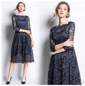 Nieuwe ontwerp vrouwen o-hals driekwart mouw kant sexy hoge taille midi lange jurk party vestidos plus size SMLXLXXL3XL