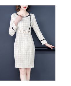 Nuevo diseño de mujer OL cuello redondo manga larga tweed lana lurex brillante bling hasta la rodilla vestido lápiz vestidos
