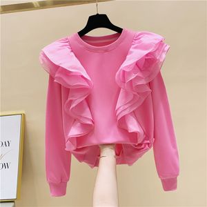 Nouveau design femmes couleur rose o-cou à manches longues lâche gaze volants patchwork mignon sweat pull à capuche SMLXL