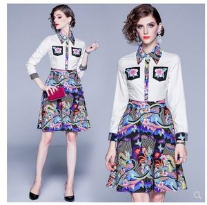 Nieuw design dames print turn-down kraag lange mouwen kleurblok patchwork slanke taille a-lijn knielange jurk plus size MLXLXXL