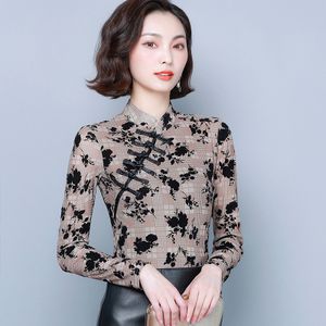 Nieuwe ontwerp vrouwen retro stand kraag Chinese cheongsam stijl gaas bloemenprint lange mouw t-shirt tops plus size MLXLXXL3XL