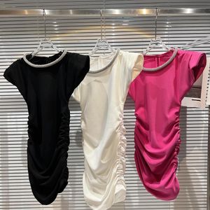 Nieuw ontwerp vrouwen strass kraag korte mouw katoenen stof gedrapeerde sexy korte jurk plus maat SML