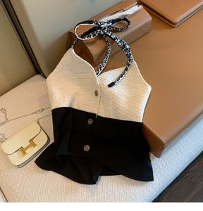 Nouveau design femmes sexy licou cou tweed tissu simple boutonnage couleur bloc mode réservoirs camisole SML