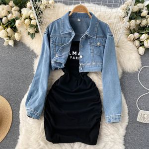 Nouveau design femmes printemps denim jeans manteau court veste et spaghetti sangle débardeur robe 2 pièces robe costume