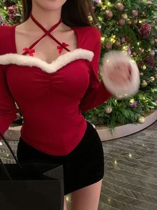 Nieuw ontwerp dames vierkante kraag halternek sexy bont gepatchte lange mouwen tees Kerstmis Nieuwjaar rood t-shirt SMLXL