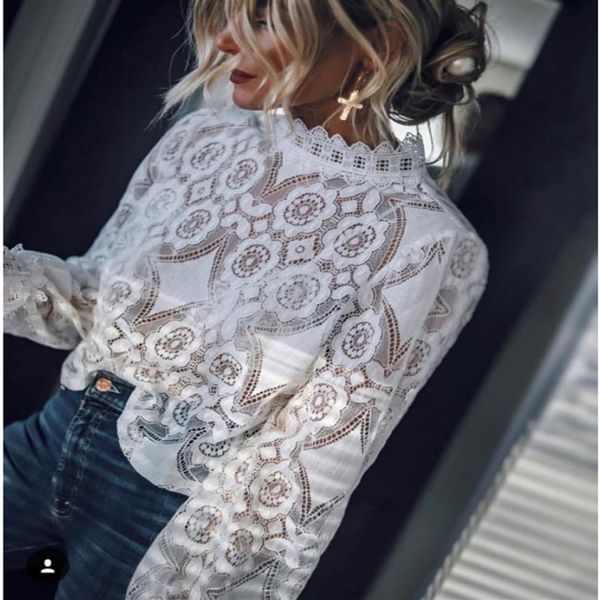 Nouveau design Collier de main pour femmes Style Lanterne Long Mancolis Perspective Lace Crochet Floral Loose Plus taille Top Blouse Shirt276Q