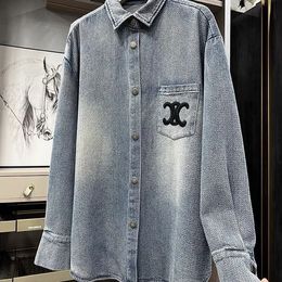 Nieuw ontwerp dames turn-down kraag losse lange mouw borduurwerk denim jeans blouse shirt SMLXL