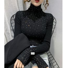 Nieuw ontwerp dames coltrui met lange mouwen elastische stof gebreide strass gepatchte glanzende bling trui top shirt trui 265I