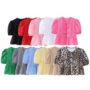 Nieuw design Dames Korte Puff Sleeve O-Neck Bow Patched Candy Color Hollow Out Sexy Cute Summer Shirts Tops XSSML