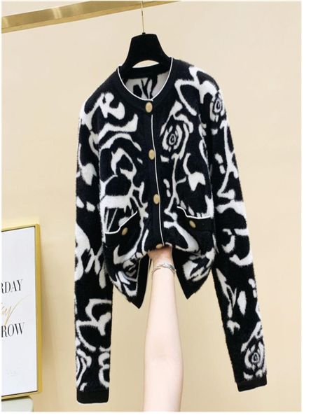 Nuevo diseño women039s cuello redondo manga larga estampado de leopardo mohair lana tejido suéter cardigan abrigo casacos de talla grande SML9097411
