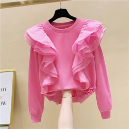 Nouveau design Femmes Pink Couleur O Neck à manches longues Loose Gauze Ruffles Patchwork mignon Sweatshirt Pullover Sweatons Smlxl