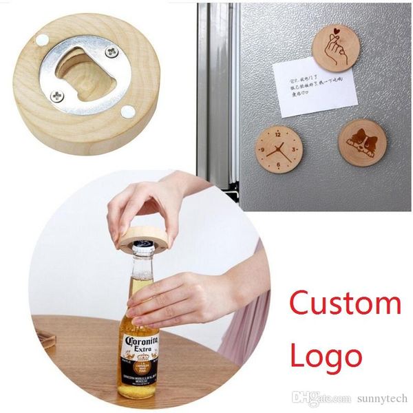 Nouveau design En Bois Forme Ronde Décapsuleur Coaster Réfrigérateur Aimant Décoration Bière Décapsuleur gratuit graver Logo LX1173