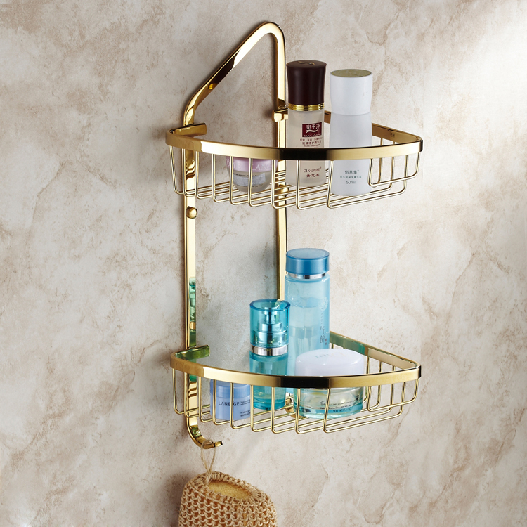 LuxuryFaucet European Brass Golden Bathroom Shelf - Free Shipping, Triangle Basket, New Design, Durable, Space-Saving & Elegant - Ideal for Home or Hotel.