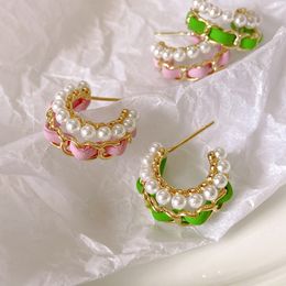 Nueva moda diseñada lujosa oreja perla aros de la cadena rosa verde pendientes de mujeres de micro insultos diamantes primavera joya de verano a022