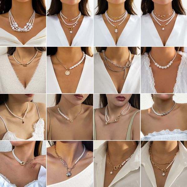Nouveaux colliers de chaîne de cou d'épissage rétro conçus femelle femelle collier de cou en couches de perle rond