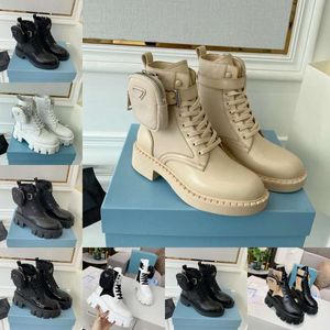 Nieuwe ontwerper AAAAA -ontwerper Rois Monolith Boots Kalfskin Martin Shoe Ladies Platform Afneembare Nylon Pouch Combat Boot