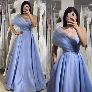 Nieuwe ontwerper Baby Blue Evening Jurk 2024 One Shoulder Ploes Satin A-Line Floor Lengte Formele Party Prom-jurken Robe de Soiree Casamento