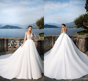 Nieuwe Designer Beach Kant Trouwjurken Lange Illusie Mouwen Sheer Hals Tiered Tulle Court Train A Line Bruidsjurken Trouwjurk Custom