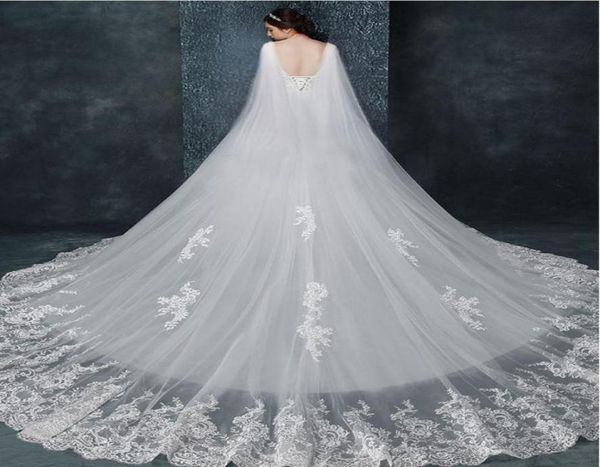 Nouveau Designer De Mariée De Mariage Châle Capes Boléro Cape Dentelle Veste Wraps Blanc Ivoire Haussement D'épaules Cathédrale Train 3 M Long Veil4222134