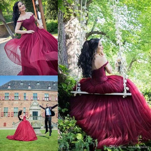 Nuevo diseñador Borgoña vestido de fiesta Vestidos de novia Apliques de encaje Hombro con gradas Tul Barrido Tren Vestido de novia largo Vestidos Birdal