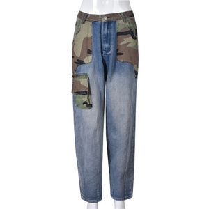 Nouveau designer Camo Patchwork Jeans Femmes hautes taille vintage pantalon denim droit lavé en détresse de poche rétro de cargaison Cantant de gros vêtements 9698