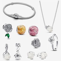 Nuevo diseñador Pulsera con dijes para mujer regalo de madre DIY ajuste Pandoras White Rose in Bloom Colliers Collar de lujo con anillo de diamantes Pulsera de flores joyería de lujo