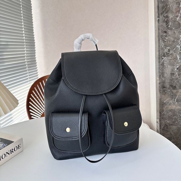 Nuevo diseñador Mochila de cuerda compuesta Bolsa Asa Compras Crossbody Diseño liso Color negro Hombro doble Bolsos de cuero suave Mochilas