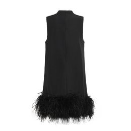 Nuevo vestido de diseñador Vestido elegante de plumas para mujer Vestidos de diseñador Vestido negro de gama alta Vestidos de fiesta de color sólido sin mangas para mujer Vestido de año nuevo navideño