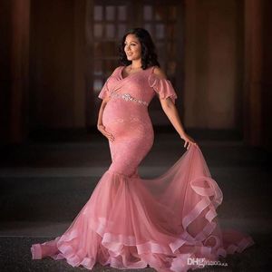 Nieuwe Designer Dusty Pink Maternity Prom Dresses voor Zwangere Vrouwen V-hals Kant Avondjurken met Kralen Sash Formele feestjurk