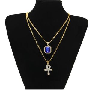 Nieuwe Designer Egyptische Ankh Sleutel van Leven Bling Strass Kruis Hanger Met Rode Ruby Hanger Ketting Set Mannen Hip Hop Jewelry251M