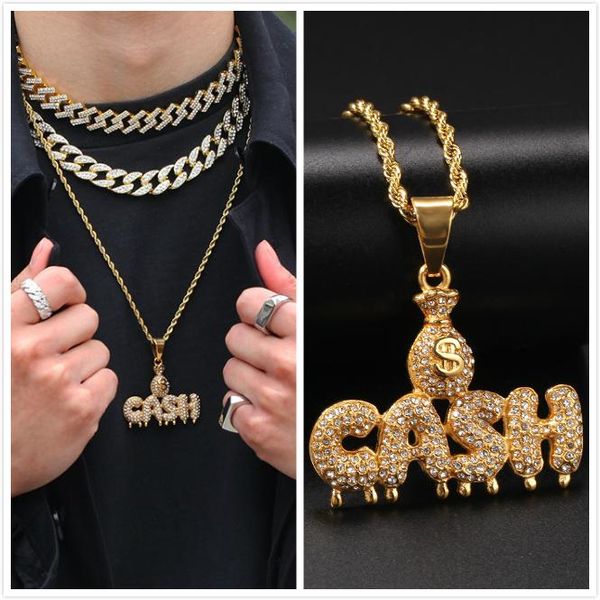 Chicos nuevos Oro Acero inoxidable Bling Diamante Signo de dólar estadounidense Dinero Letras en efectivo Collar pedante Hip Hop Rapero Club Joyería Regalos para hombres