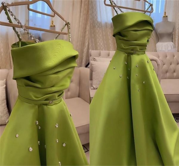 Nouveau Designer Vert Soirée Pageant Robe 2024 Bretelles Cristal Satin Thé Longueur A-ligne Bal Robes Formelles Robes De Fête Robe De Soirée Sur Mesure