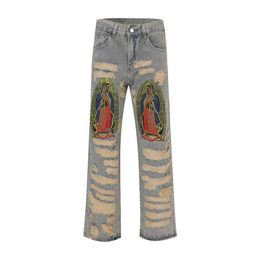 Nieuwe designer high street fashion merk contrast patch borduurwerk beschadigde rechte losse casual jeans