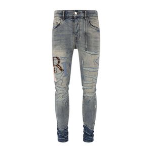 Nouveau Designer Jeans High Street Marque à la mode Lettres en lambeaux patchées avec des trous brodés Élastique Slim Fit Jeans bleu délavé pour hommes