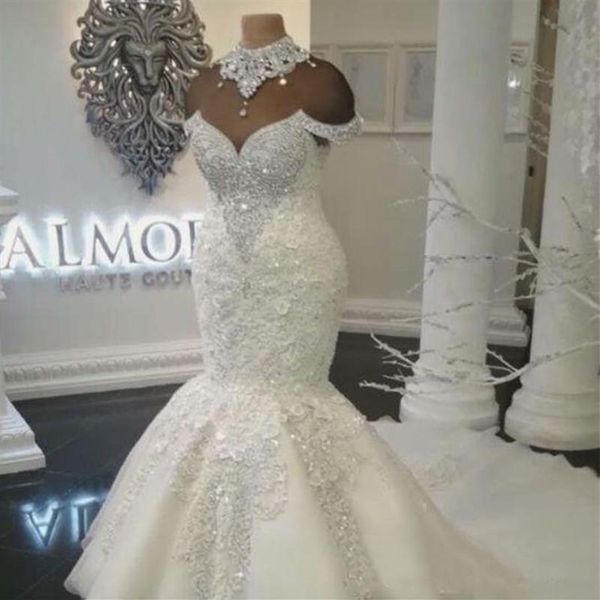 Nuevo diseñador de lujo Dubai Árabe Sirena Vestidos de novia Tallas grandes Rebordear Cristales Corte Tren Vestido de novia Vestidos de novia BA8274273p