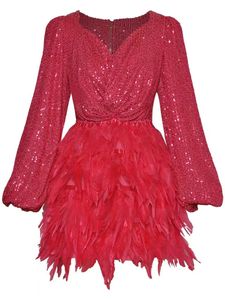 Nouveau Designer De Luxe Femmes Robes De Piste À Manches Longues Col En V Paillettes Posé Plumes Robe De Haute Qualité Dame Mince Mini Gaine Courte Robes De Soirée Robes