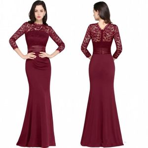 Nieuwe Designer Mermaid Lange Mouwen Bourgondië Avondjurken Satijn Kant Jewel Neck Rits Back Floor Lengte Formele Toga