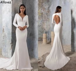 Nouvelle designer robes de mariée de sirène avec manches longues simples robes nues en satin blanc élégant