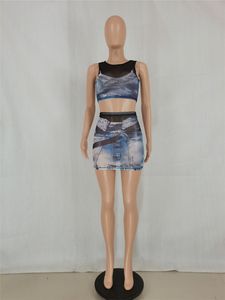 Nieuwe Designer Mesh Dress Sets For Women Summer Mooie mouwloze crop top en mini rok Tweedelige denim print Zie door pakken groothandel kleding 9734