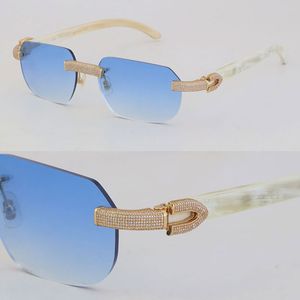 Nouveau Designer Micro-pavé Diamant Ensemble Lunettes De Soleil En Métal Sans Monture Blanc Véritable Corne Naturelle Lunettes De Soleil Design Extérieur Modèle Classique Lunettes Or 18K Taille De La Cadre: 57