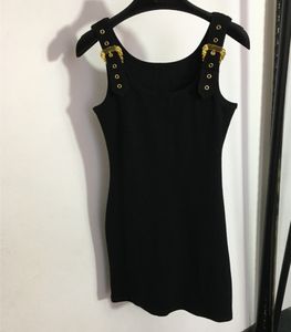 New Designer Milan Runway Dresses Square Collar Sleeveless Metal Buttons Women Sexy Slim Short Club Party Dress