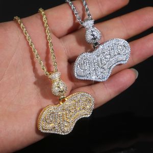 Nieuwe Designer Mini Dollar Geldzak met Cursieve Hustle Letter Charm Hanger Ketting met Touwketting Hiphop Dames Heren Volledige Pave 5A Zirconia Boss Mannen Cadeau-sieraden