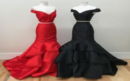 Nieuwe ontwerper Popular Prom Dresses Two -Piece Mermaid Off the Shoulder Mouwlevess Evening Ged Tiered Satin Sweep Train Special OCC1154844