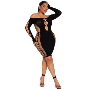 Nuevo diseñador Sexy Hollow Out Dress Women Off Shoulder Mini Dresses Summer Bodycon Mesh Ve Tross Dress Night Club Wear Ropa al por mayor 10980