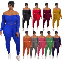 Nieuwe ontwerper Sexy Plus Size Two -Piece tracksuits Off Shoulder Crop Top Lace Up Pants Tracksuit Fall Women Clothing Streetwear Matching Sets